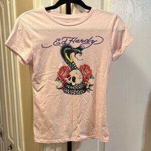 Ed Hardy Pink T-Shirt with Snake and Skull Graphic